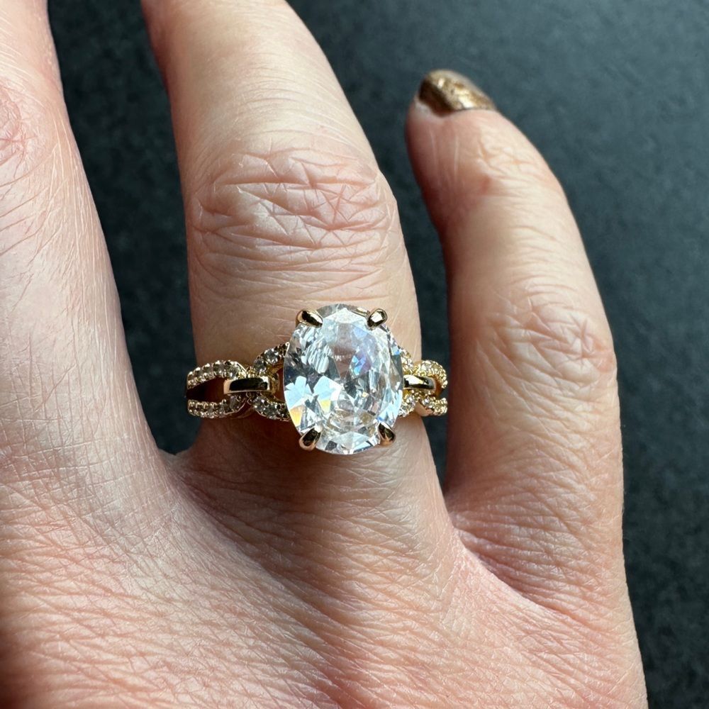 NWB Adjustable Gold Plated Oval CZ Statement Ring w/ Pave Accent Loop Band - Picture 15 of 16